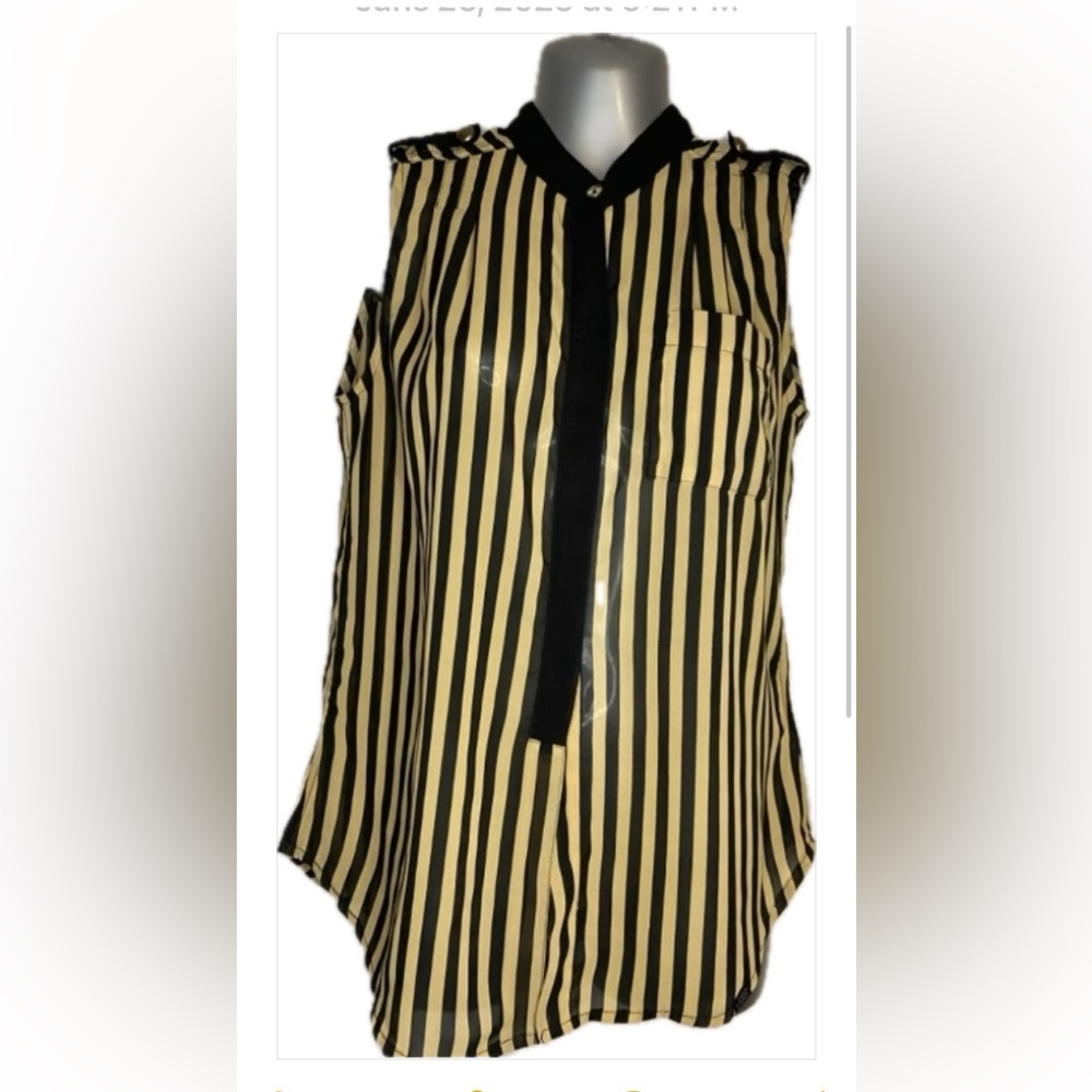 🛹Vans sheer sleeves blouse. Black/tan vertical stripes. Hidden button.Small.